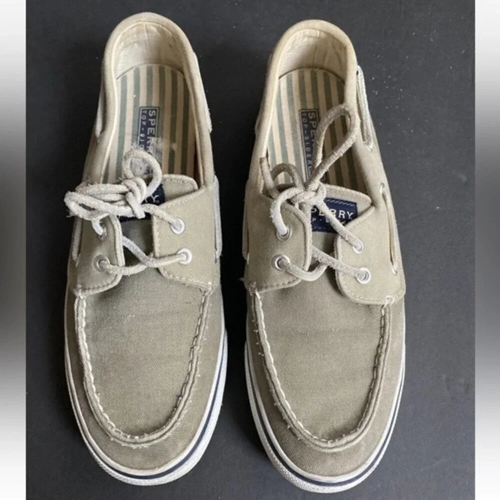 Sperry Top-Sider Womens 8M Lace Up Canvas Boat Deck Shoes Khaki Sneaker 2/eye